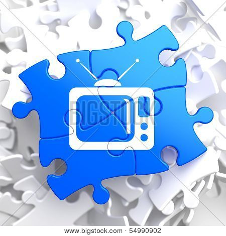 TV Set Icon on Blue Puzzle.