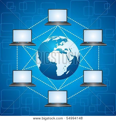 Network concept - different laptops around a globe