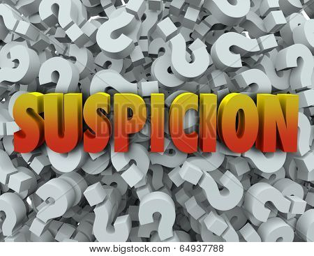 Suspicion word on question mark background 