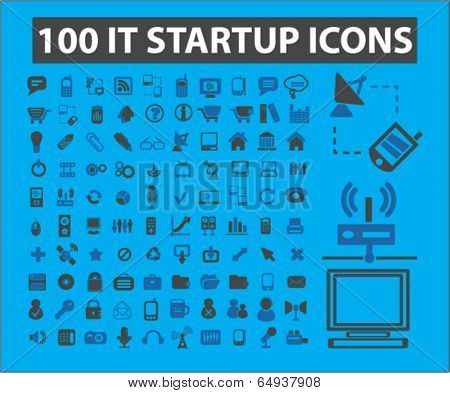 100 information technology startup icons, signs set, vector