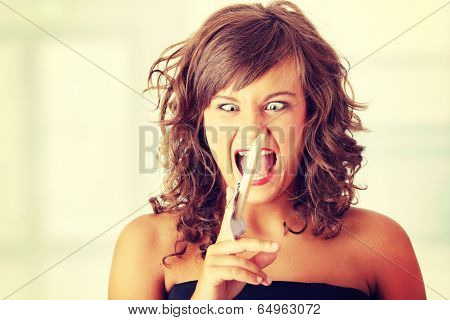 Screaming woman after geting traped by mouse trap with 500 euro