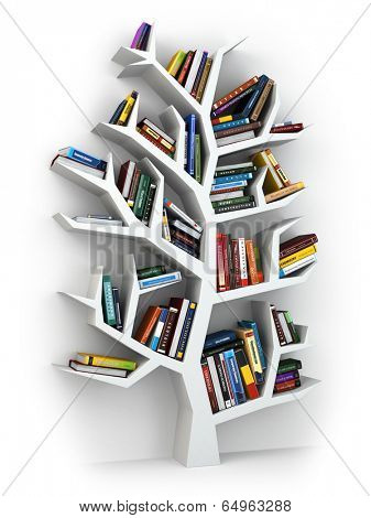 Tree of knowledge. Bookshelf on white background. 3d