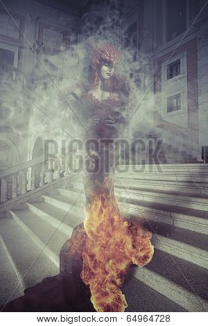 Lady with red dragon armor in palace, fire fantasy