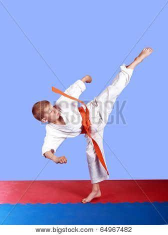 Young athlete with an orange belt beat a circular kick
