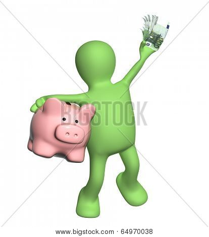 Happy puppet with piggy bank and banknotes of euro. Isolated on white background