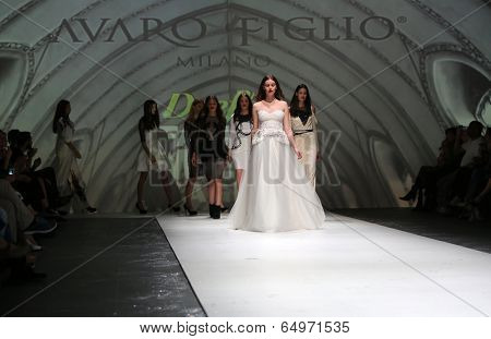 ZAGREB, CROATIA - MAY 09: Fashion model wearing clothes designed by Avaro Figlio on the Zagreb Fashion Week on May 09, 2014 in Zagreb, Croatia.