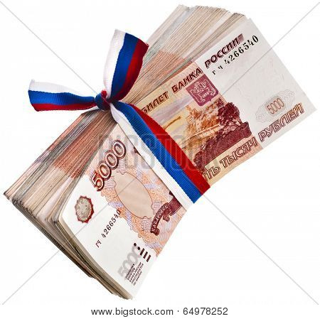 Heap of One Million Banknotes Rubles of the Russian Federation wrapping Ribbon flag tape - isolated on white background