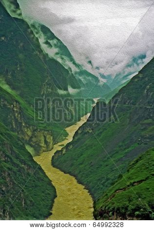 Leaping Tiger Gorge, Yunnan, China, Oil Paint Stylization