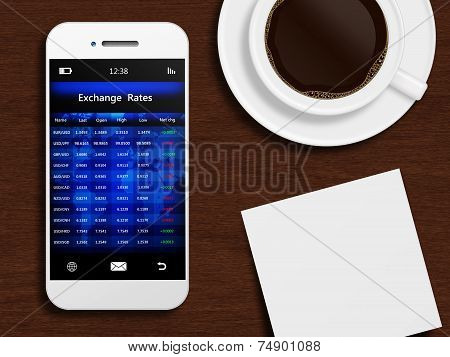 Mobile Phone With Stock Exchange Screen, Mug Of Coffee, And White Blank Lying On Wooden Desk