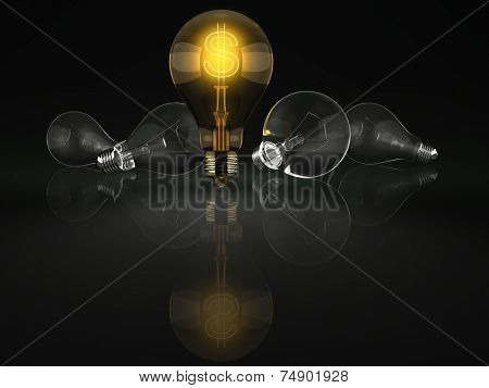 Conceptual image of successful ideas, money and profit. Golden dollar symbol in a light bulb