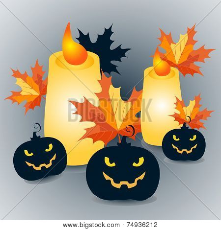 Halloween pumpkins and candles with maple leaves on grey background - vector Illustration