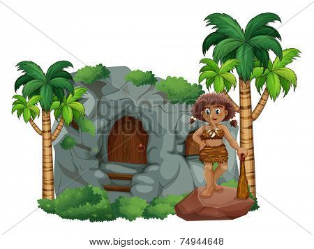 illustration of a caveman standing in front of a cave