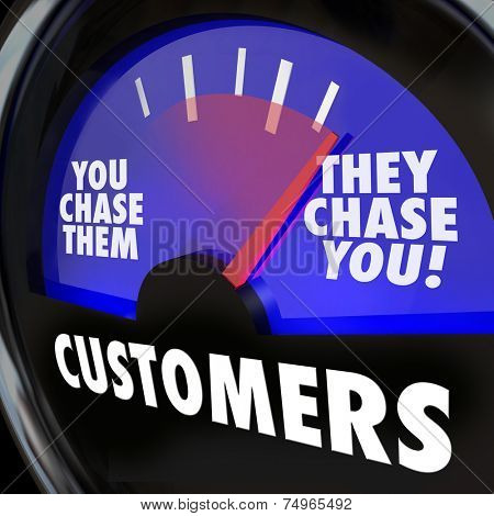 Customers word on a gauge and needle rising to They Chase You to illustrate strong or high demand for your products, services, knowledge or expertise