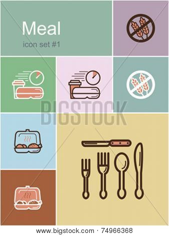 Meal menu food and drink icons. Set of editable vector color illustrations in Metro style.