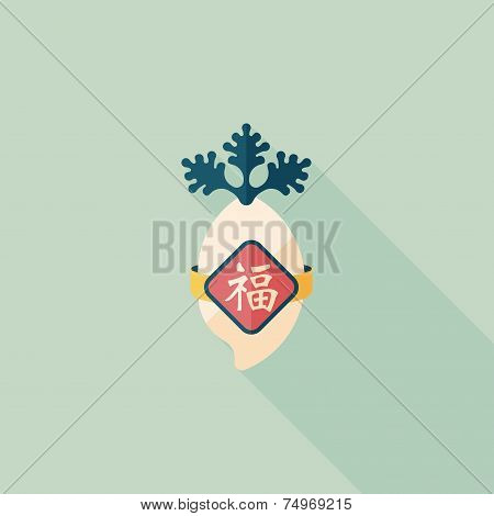 Chinese New Year Flat Icon With Long Shadow,eps10, Lucky White Radish With Chinese Words Means 