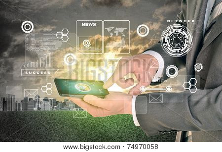 Man hands using smartphone. Earth on phone screen. City as backdrop