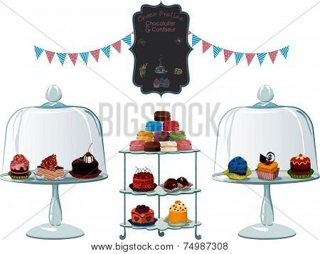 Many different cakes on cake stands isolated on white background