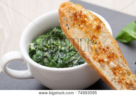 Sauteed Garlic Spinach Dish, Baked Bread Slice  With  Melted Cheese