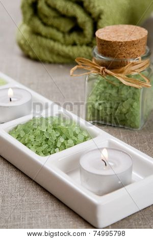 Green bath salt and candles