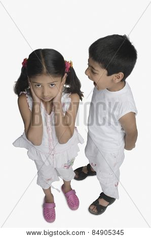 Girl covering her ears while her brother talking
