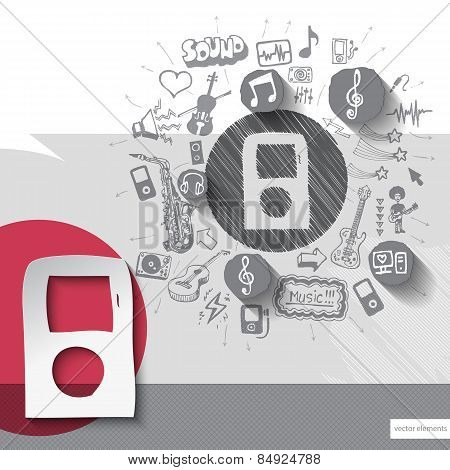 Hand drawn walkman icons with icons background