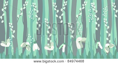 Seamless horizontal pattern with spring snowdrops in forest