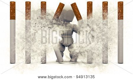 3D render of a Man escaping Cigarette Prison with explosion effect