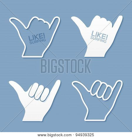 Vector surfers shaka hand sign in flat paper style