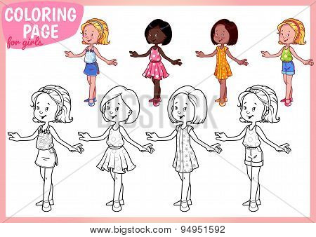 Coloring Page For Girls. Four Young Ladies In Beautiful Dresses. Vector Illustration On White Backgr