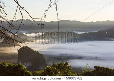 the landscape of misty mountains Phu Langka National Park.