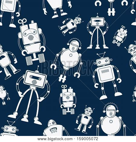 White robot seamless pattern on dark blue background. Vector illustration
