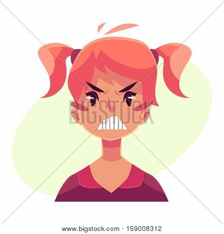 Teen girl face, angry facial expression, cartoon vector illustrations isolated on yellow background. Red-haired girl emoji face, feeling distresses, frustrated, sullen, upset. Angry