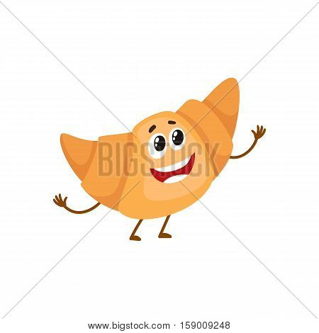 Funny croissant, bread roll character, cartoon style vector illustration isolated on white background. Cute smiley freshly baked croissant character with eyes and legs