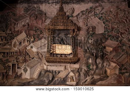The Mural Plaster carvings Buddha footprint in Thai Temple
