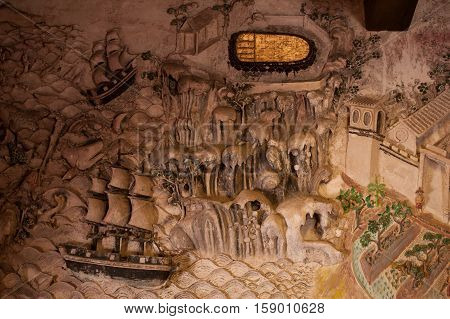 The Mural Plaster carvings Buddha footprint in Thai Temple