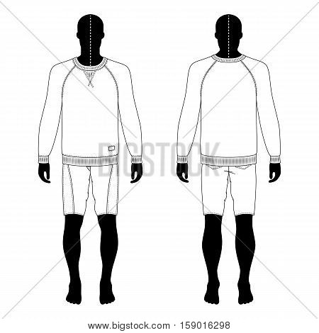 Full length man's black silhouette figure in a sweatshirt and skinny shorts template (front & back view) vector illustration isolated on white background