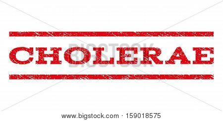 Cholerae watermark stamp. Text tag between horizontal parallel lines with grunge design style. Rubber seal stamp with dust texture. Vector red color ink imprint on a white background.