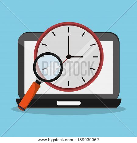 Laptop clock and lupe icon. Worktime office supplies and workforce theme. Colorful design. Vector illustration