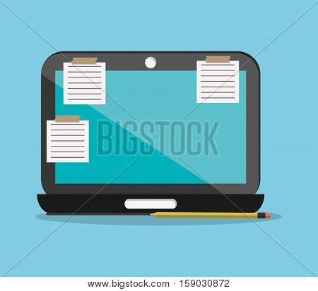 Laptop pencil and notes icon. Worktime office supplies and workforce theme. Colorful design. Vector illustration