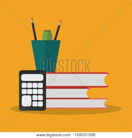 Books mug and calculator icon. Worktime office supplies and workforce theme. Colorful design. Vector illustration
