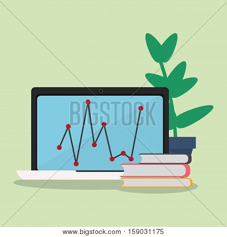 Laptop infographic and books icon. Worktime office supplies and workforce theme. Colorful design. Vector illustration