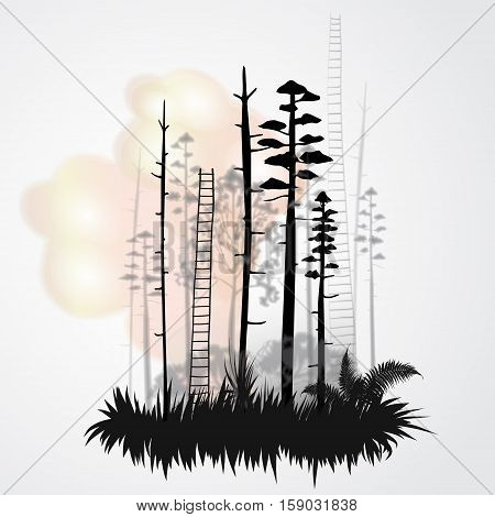 Concept landscape abstract black trees staircase silhouette forest island illustration