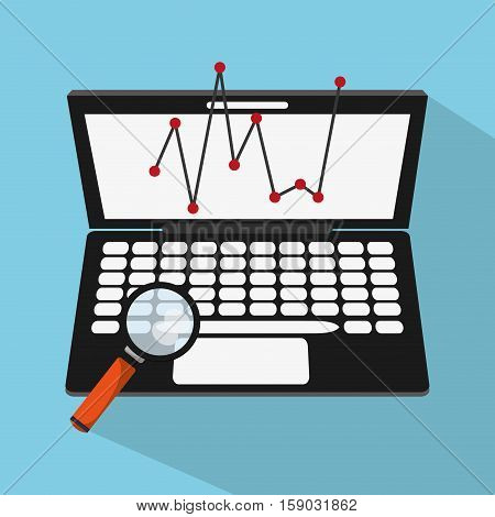 Laptop and lupe icon. Worktime office supplies and workforce theme. Colorful design. Vector illustration