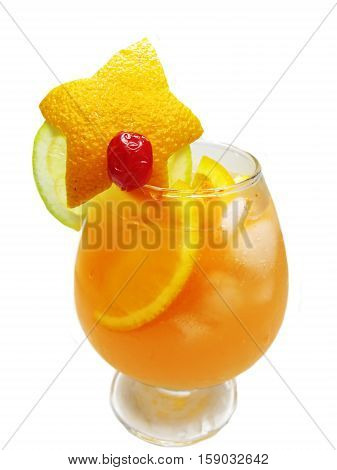 red fruit punch cocktail drink with cherry lemon and ice