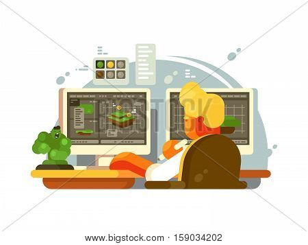 Designer 3D modeling. Creates design on computer model. Vector illustration
