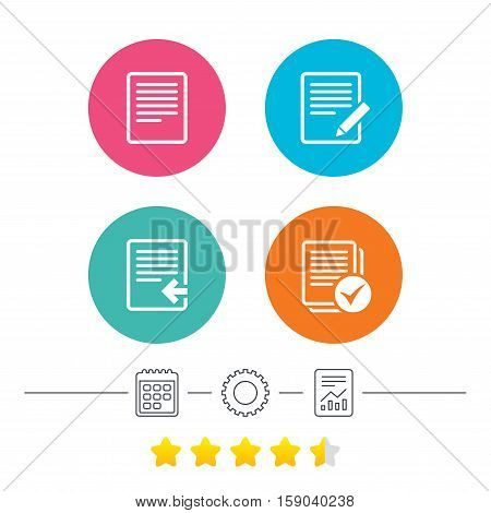 File document icons. Upload file symbol. Edit content with pencil sign. Select file with checkbox. Calendar, cogwheel and report linear icons. Star vote ranking. Vector