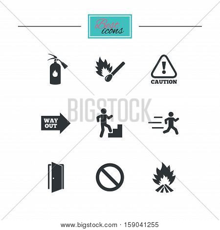 Fire safety, emergency icons. Fire extinguisher, exit and attention signs. Caution, water drop and way out symbols. Black flat icons. Classic design. Vector