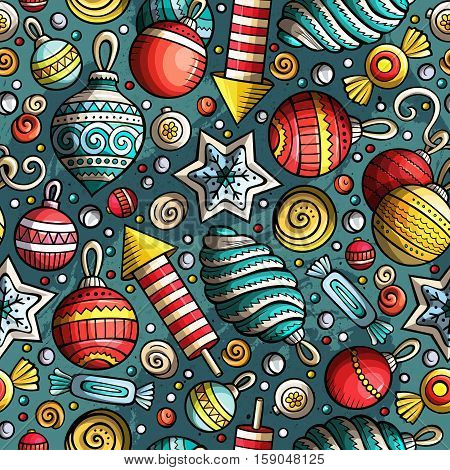 Cartoon cute hand drawn Xmass seamless pattern. Colorful with lots of objects background. Endless funny vector illustration