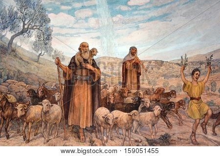 BETHLEHEM ISRAEL 26 10 16: Fresco in Shepherd Field Chapel. Has relevance for Catholics because there the first announcement of the birth of Christ is celebrated.
