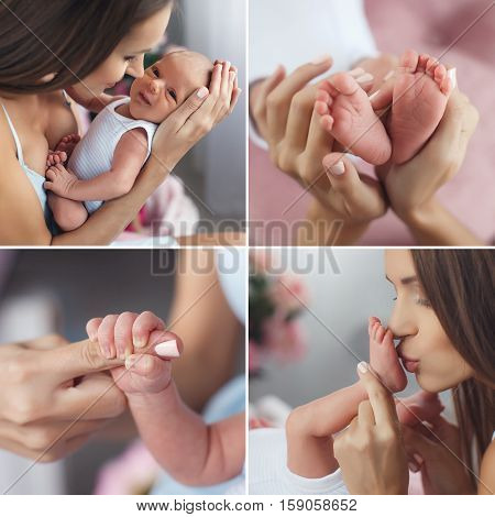 A collage of four photos of a happy mother and a newborn son,baby on hands at mum,the mother kisses the leg of child,boy holding his mother's index finger,the legs of the baby in the hands of a happy mother.